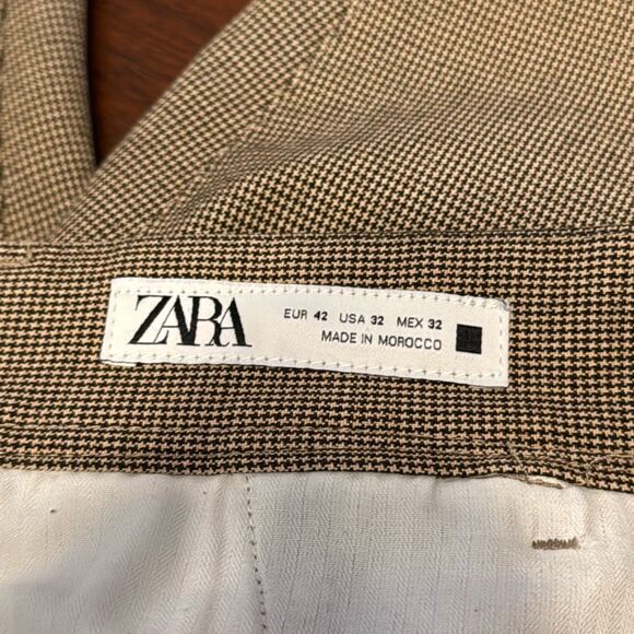 Zara Man Houndstooth Plaid Tan Brown Tapered Dress Pants Men’s US 32 - Picture 6 of 7